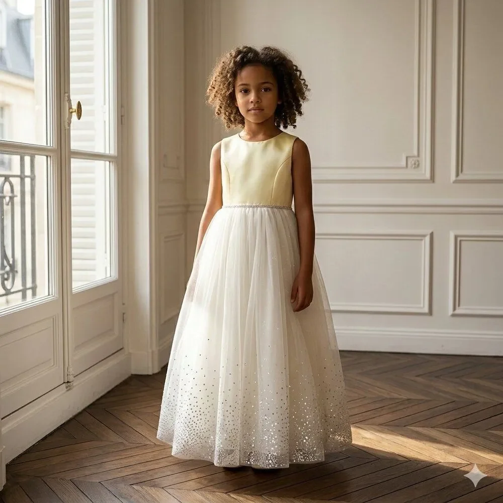 Marmellata Yellow and White Sparkly Girls Dress Size 7